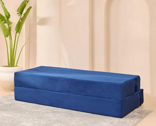 Image of uberlyfe Xtra High, Xtra Soft 3 Seater (6' x 6') Sofa Cum Bed | 1 Year Warranty | 17 inch Sofa Height | King Size Foldable Bed | Plush Laser Quilted Fabric| 2 Cushions Ocean Hues Pattern | Deep Blue Color