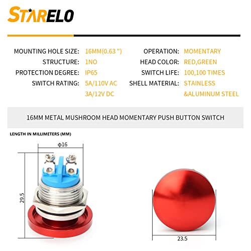 Starelo 16Mm Mushroom Momentary Head Push Button Switch,Stainless Steel Metal Ip65 Waterproof 2Pin Spst 1No 5A 250V Ac 12V 24V 36V Dc 0.63'' Mouting Domed Screw Terminal （Red). #TOP1