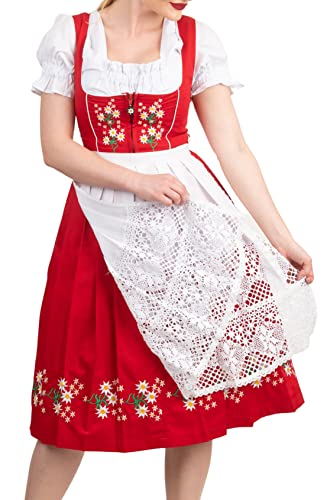 Dirndl Trachten Haus 3-Piece Red Dirndl Dress Set for Women – Long German Oktoberfest Outfit 6 XS