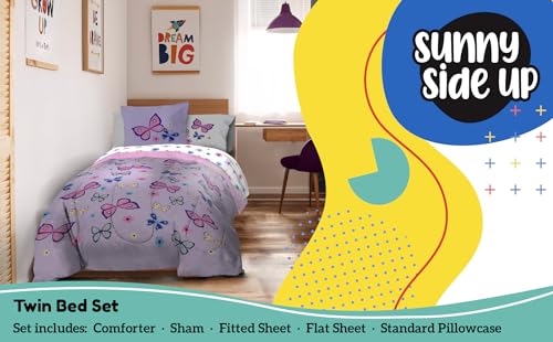 Image of Sunny Side Up Butterfly Twin Comforter Set - 5 Piece Kids Bedding Includes Comforter, Sheets & Pillow Cover - Super Soft Purple Floral Microfiber Bed Set