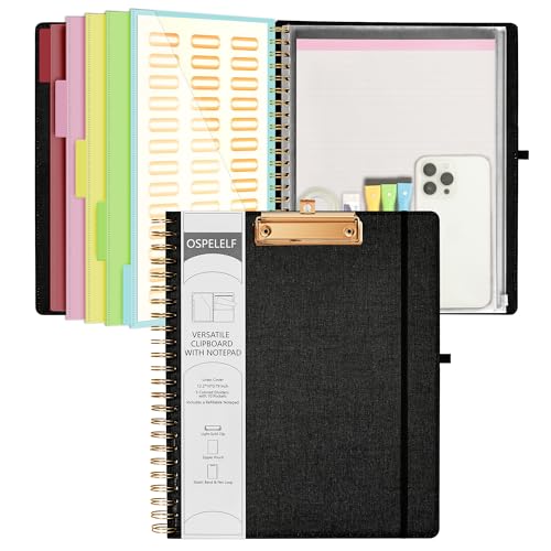 Ospelelf Black Foldable Spiral Clipboard Folio with Storage Zipper Pouch, ...