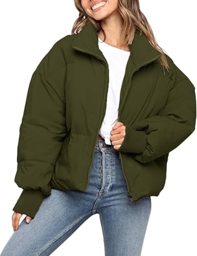 Muchpow Women's Winter Quilted Jacket Long Sleeve Full Zipper Short Warm Jacket With Pockets(Olive,X-Large)