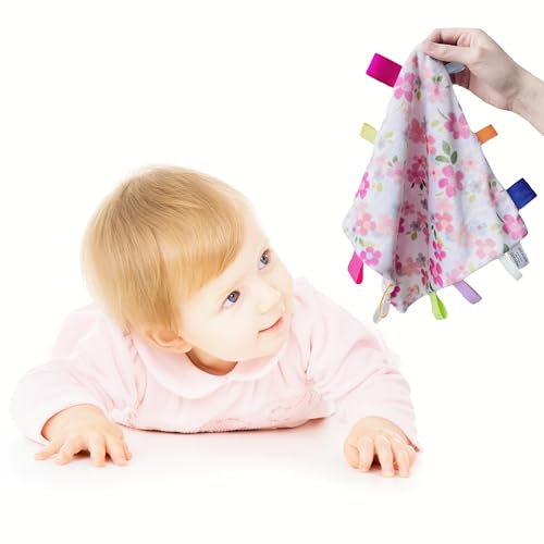 Image of CREVENT Tag Security Blankets for Babies, Soft Small Loveys for Girls, Baby Comforter Sensory Blanket, Great Gifts for Birthday Baby Shower 10 inchX10 inch (Wildflow)