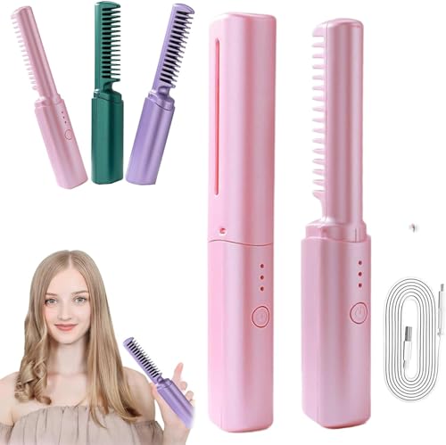 Rechargeable Mini Hair Straightener Brush & Curler, 2-in-1 Anti-Scald, USB Plug-in, Ceramic for Short & Long Hair