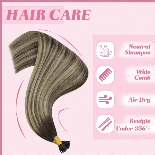 Image of YoungSee I Tip Extensions Balayage, I Tips Hair Extensions Real Human Hair, Ombre Dark Brown with Ash Blonde, Itip Human Hair Extension, 18 Inch 55 Strands 50g, for All-day Wear