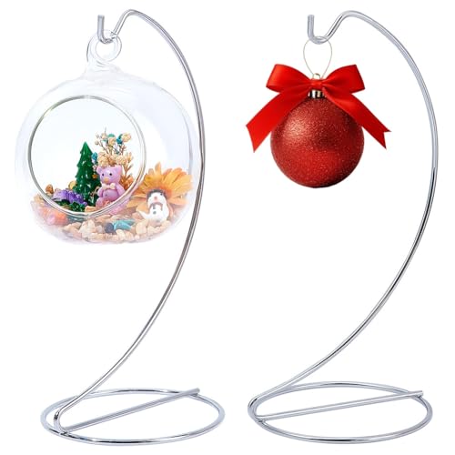 DELORIGIN 2PCS Metal Air Plant Holder Ball Ornament Display Stand Silver Iron Bauble Hooks Hanging Stand for Air Plant Glass Ball Christmas Baubles Hanger Suncatchers DIY Craft Decoration Display