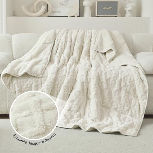Wemore Weighted Blanket for Adults Twin Size 15 lbs, Dual Sided Soft Fuzzy Jacquard Sherpa Weighted Blankets for Sleeping, Cozy Fluffy Knitted Heavy Blanket for Couch Bed, Cream White, 60 x 80 inches