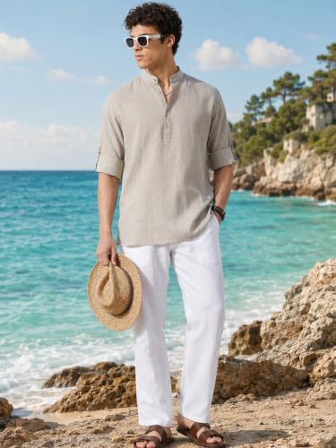 Image of Majestic Man Men's Pure Cotton Solid Mandarin Collar Slim Fit Roll-Up Sleeves Short Kurta Lightweight Summer Kurta for Daily & Occasion Use
