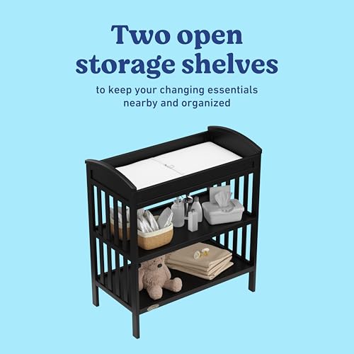Image of Graco Benton Changing Table with Bonus Water-Resistant Changing Pad (Black) - GREENGUARD Gold Certified, Includes Diaper Change Pad with Safety Strap, 2 Open Storage Shelves for Organizing