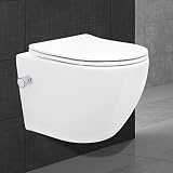 ECD Germany Spülrandloses Wand Hänge Dusch WC kurz aus Keramik mit Bidet-Funktion - Soft-Close Absenkautomatik Toilettensitz WC-Sitz Duroplast - abnehmbar - Weiß - Wand WC Tiefspül WC Hänge Toilette
