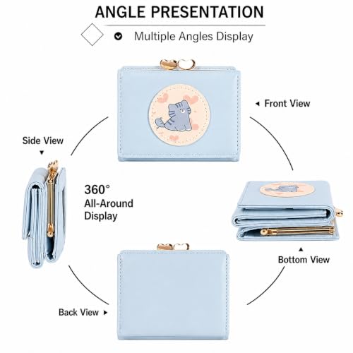 Image of Valerie Cute Small Wallets Clutch for Teen Girl Women PU Leather Trifold Small Wallet Cash Pocket 3D Buckle Card Holder Coin Purse with ID Window for Girls Women (Blue cat)