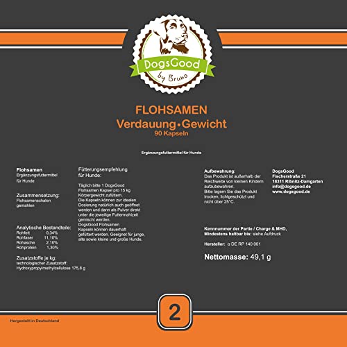 Flohsamen gemahlen für Hunde - 90 Kapseln für bis zu 3 Monate, bei Problemen mit der Analdrüse sehr positiv, natürlicher Ballaststoff als die gesunde Alternative zu Gemüse und Obst