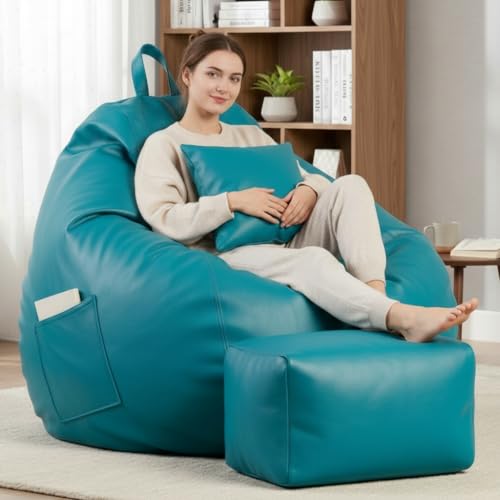 Image of KAM'S LIEU 5XL Luxury Faux Leather Bean Bag with Footrest & Cushion | Pre-Filled High-Density Polystyrene Beans | Premium Leatherette | 6 Months Warranty Color- (Aqua, with Footrest)