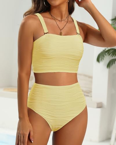 Image of High Waisted Bandeau Bikini Set - Women Strapless Two Piece Swimsuits Ribbed Longline Full Coverage Bathing Suits Swimwear