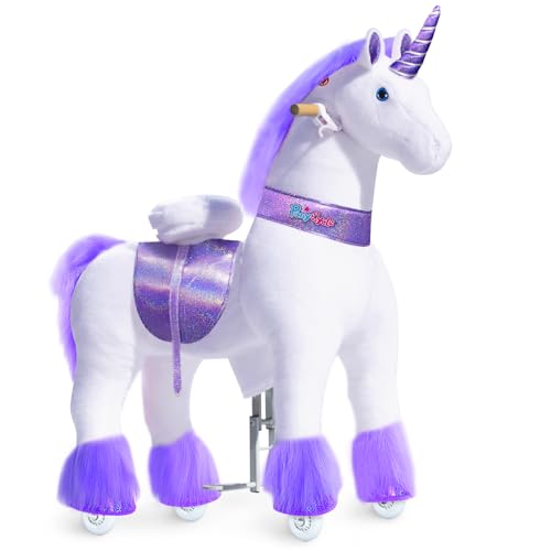 Image of PonyCycle Large Unicorn Ride on Horse for Big Kids (with Brake / 42.5 inch Height /Size 5 for Age 7-12) Ride on Unicorn Toys Riding Purple Unicorn Pony Rider Walking Animal Plush Gifts Ux506