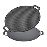 Warmiehomy Double-Sided Cast Iron Griddle Pan,32cm Cast Iron Skillet Non-Stick Double-Sided BBQ Grill Pan for Gas, Electric, Induction & Oven,Round