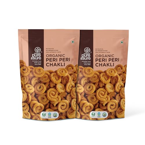 Image of Pure & Sure Organic Peri Peri Chakli Snack 300gm | Delicious Crunchy Namkeen & Snacks | Ready to Eat Tea Time Snacks, Cholesterol Free, No Trans Fats, No Preservatives| 150gm each (Pack of 2)