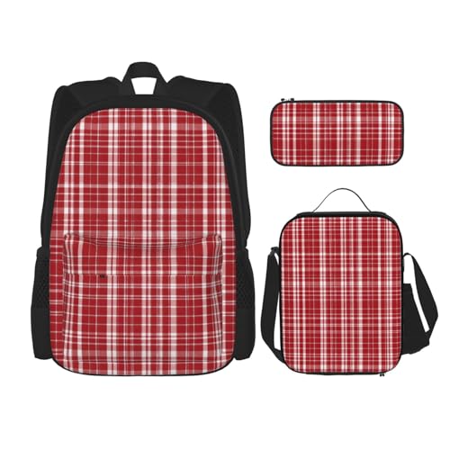 Plaid Red And Black Print 3 Piece Backpack Set, Laptop Daypack, Lightweight Bookbag Set With Lunch Bag Pencil Case
