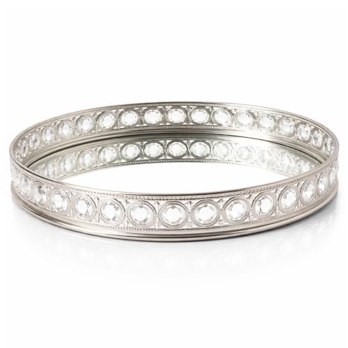 Image of Karrma Oval Mirror Glass Metal Decorative Tray, 28cm, Silver