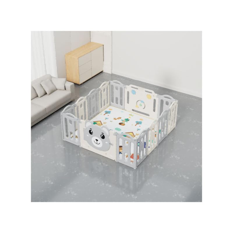 Recinto per Bambini in Plastica PL38 Area Giochi Pieghevole, 12 Pannelli + 2 Pannelli Gioco + 1 Porta, Box Neonato Interno ed Esterno, 148x148x62 cm, Grigio