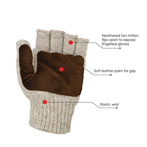 Illinois Glove Company 360L Rag Wool Glomitt Flip Mitten 3M Thinsulate Lined Soft Leather Grip Palm L Tan, Soft Leather Palm For Grip, Elastic Wrist, Mitten Flips Open To Expose Fingerless Gloves #TOP1