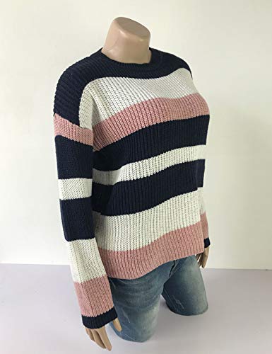 Suéter feminino solto de patchwork tricotado, manga comprida, listras, pulôver, suéter, suéter, casa