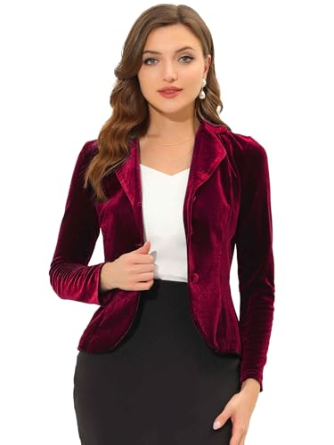 Allegra K Women's Halloween Christmas Suit Jackets Notched Lapel Collar Button Office Velvet Blazer X-Small Burgundy
