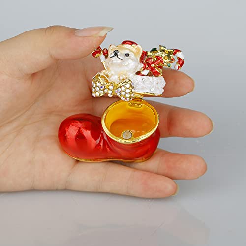 Sevenbees Santa's Boot Dog Figurine Decorative Jewelry Boxes Hand Painted Christmas Ornaments Trinket Boxes Hinged Collectible Figurines #TOP5