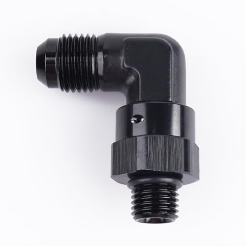 Image of AC PERFORMANCE Black Aluminum 90 Degree -6 AN Male Flare to -4 AN ORB O Ring Port Thread 7 /16 x 20 Swivel Fitting Adapter