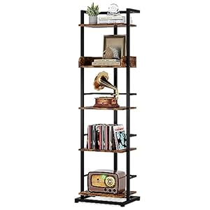 Hosfais Book Shelf Narrow Bookshelf: 5 Tier Wood Bookcase with Metal Edge Protection Industrial Modern Bookshelf Book Storage Organizer for Living Room Bedroom Home Office (Rustic Brown)