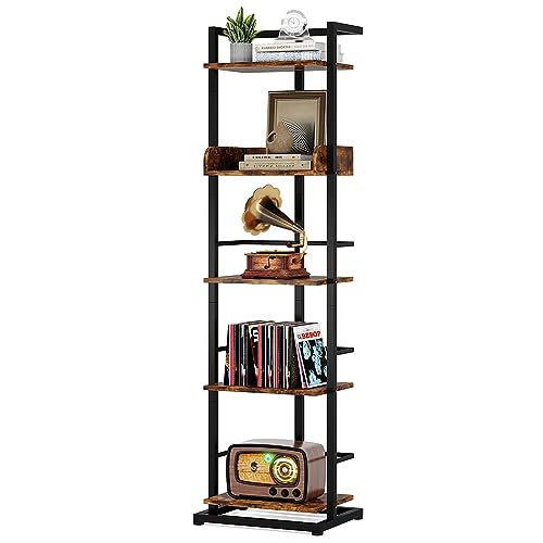 Hosfais Book Shelf Narrow Bookshelf: 5 Tier Wood Bookcase with Metal Edge Protection Industrial Modern Bookshelf Book Storage Organizer for Living Room Bedroom Home Office (Rustic Brown)