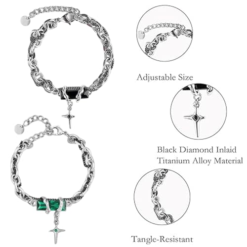 Image of 2PCS Gothic Punk Bracelet Double for Men-Linked Chain Adjustable Black Green Twisted Design Biker Jewelry Gift for Boyfriend Husband