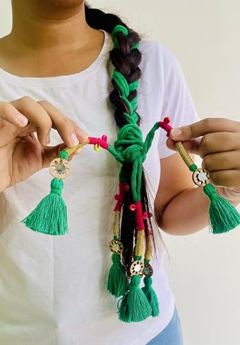 Image of Zippy Flora Handmade Boho Parandi / Paranda Traditional Hair Accessory for Women & Girls | Ethnic Braided Hair Tassels, Choti Hair Extension, Decorative Braid Jewelry for Festive & Wedding Hairstyles (Dark Green)