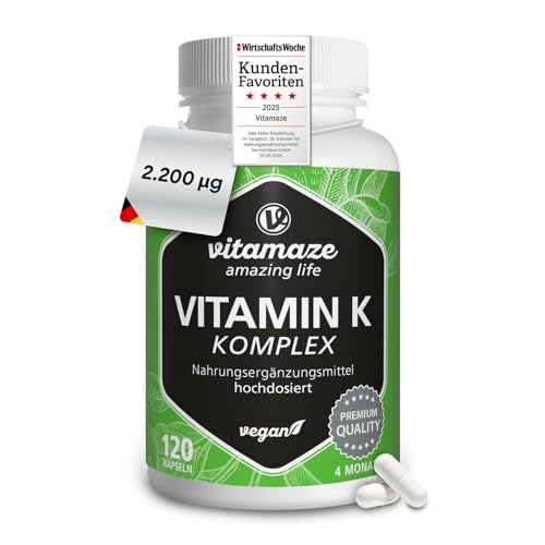 Vitamin K Komplex hochdosiert & vegan, K1 1.000 mcg + K2 Menaquinon (1.000 mcg MK4 + 200 mcg MK7), 120 Kapseln für 4 Monate, beste Bioverfügbarkeit, Made in Germany