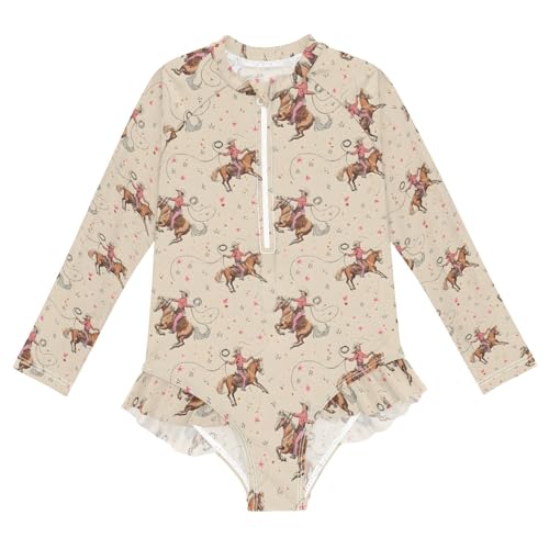 Cowboy Riding Pattern Girls Long Sleeve Swimsuit Rash Guard One Piece Bathing Suits Zipper 3-12T