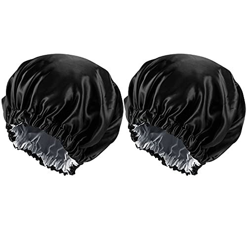 2 Pezzi Cuffia Capelli Ricci, Doppio Strato Cappello da Notte Raso Bonnet, Regolabile Berretto Da Notte Seta per Donne e Ragazze (Nero & Argento)