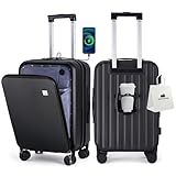 BISON DENIM 20 Inch Carry On Luggage, PC Lightweight Hardside Expandable Carry-On Luggage Airline Approved With Spinner Wheels, Front Compartment, Cup Holde, TSA-approved Lock, USB Port, Black