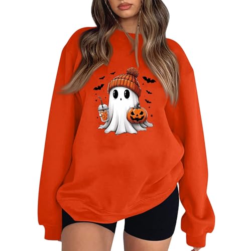 ADHOWBEW Womens Halloween Sweatshirt 2025 Cute Fall Oversized Crewneck Ghost Graphic Spooky Long Sleeve Funny Pullover