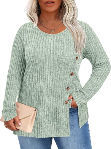 Image of HOTGIFT Womens Plus Size Sweater Tops Long Sleeve Crewneck Casual Tunic Shirts Buttons XL-5XL Blouse Soft Comfy Fashion