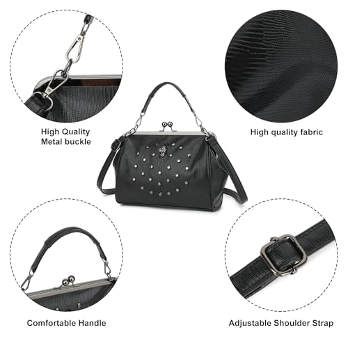 Image of Women Vintage Hollow Handbag Oil Leather Kiss Lock Rivet Skull Shoulder Crossbody Bag Evening Clutch Satchel Purse