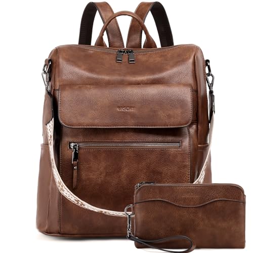 VASCHY bolso Mochila Mujer Antirrobo de Cuero PU Impermeable Moda con Cartera Convertible Correa de Guitarra Hombro Viaje Escuela Trabajo Marrón