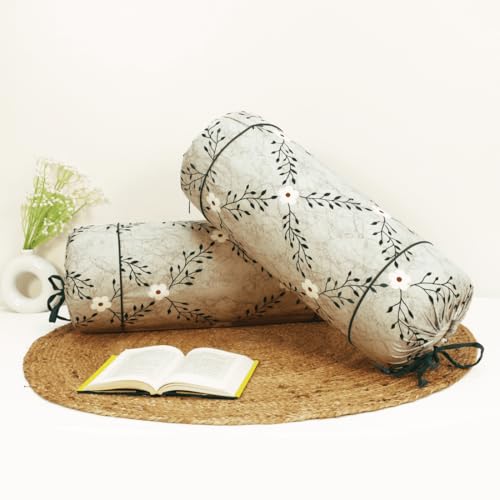 Image of AURAVE Cotton Printed Floral Bolster Cover with Drawstring Closure, Set of 2, Soft Breathable Durable Machine Washable for Sofa Bed & Home Decor, 15 inchx30 inch, Grey | Cover Only