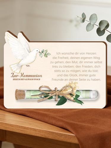 Geldgeschenk Kommunion Deko Geschenke für Mädchen Jungen Holz Erstkommunion Geschenke mit Getrocknete Blumen und Reagenzgläser - HERZLICHEN GLÜCKWUNSCH Zur Kommunion