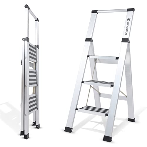 EPROSMIN Step Ladder 3 Step Stool with Integrated Handrail, Aluminum Ladders with Anti-Slip Wide 3 Tread, Folding Steps Anti-Slip 150kgs Capacity Safety Household Ladder (Silver)