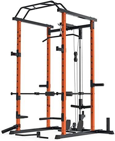 Mappding 1500LBS Squat Cage, Power Rack for Home Gym with LAT Pullup System, T Bar, Leg Hold-Down Attachment, Weight Cage with More Training Attachment for Garage Workout Strength Training, Orange