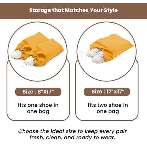 Image of LFH Cotton Rich Shoe Storage Bags with Drawstring, Dustproof Breathable Reusable Organizer, Perfect For Travel, Dorm, Hotel, College, Gym, Easy to Carry, Machine Washable 8 inchx17 inch (Pack of 6) - Golden