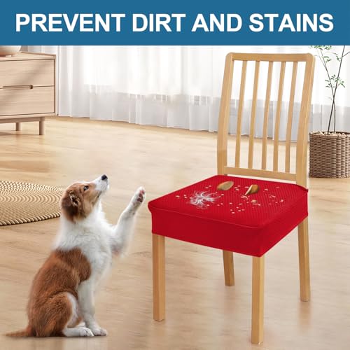 Image of Smiry Waterproof Seat Covers for Dining Room Chairs, No Rear Covers | Stretch Jacquard Removable Washable Chair Seat Slipcovers Protector, Set of 6, Red