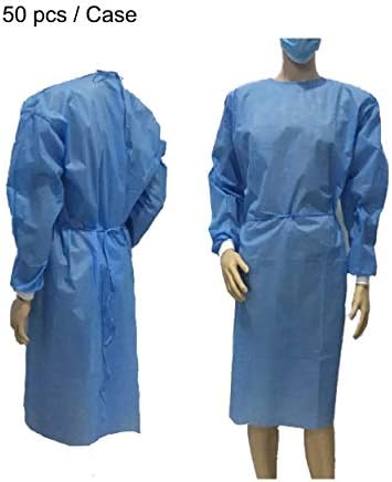 50 PCS - Disposable Isolation Gowns with Elastic Cuff, Knitted Cuff, Latex- Free, Non-Woven, Fluid Resistant, Medical, Dental, Hospital, Industries, ONE SIZE FITS ALL-(5 Packs), BLUE
