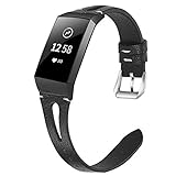 NANW Leather Bands Compatible with Fitbit Charge 3/Charge 3 SE, Slim Genuine Leather Band Replacement Accessories Strap Women Man Wristbands, Large Small