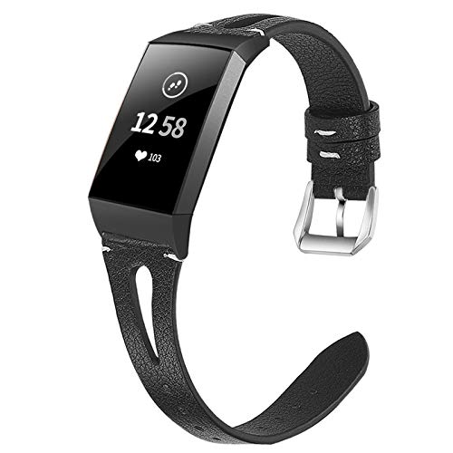 NANW Leather Bands Compatible with Fitbit Charge 4 / Charge 3 / Charge 3 SE, Slim Genuine Leather Band Replacement Accessories Strap Women Man Wristbands, Large Small